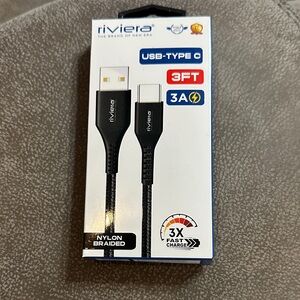 Riviera Black Nylon Braided USB-C to USB-A Fast Charging Cable - 3FT